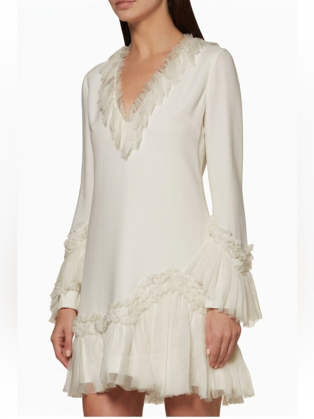 Alexis Barbara Azura Ivory Bell Long Sleeves V-Neck Ruffle Mini Dress Boho Sz M